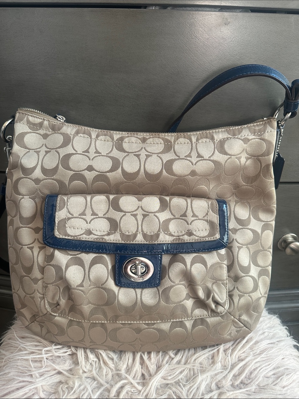 Coach Beige Signature Canvas Shoulder/ crossbody Bag with Navy Trim